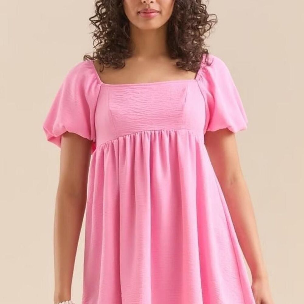 Altar'd State Pink Puff Sleeve Babydoll Mini Dress Square Neck Small